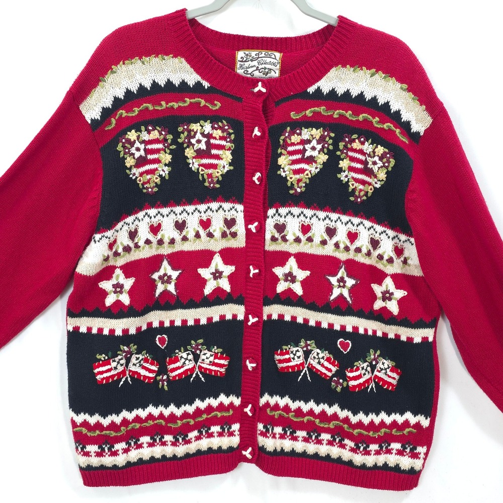 Heirloom Collectibles Patriotic Cardigan Embroidery Stars Flags Red Women XL